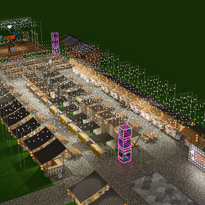  夜市摊位 小摊 美食街 霓虹灯 氛围灯su模型 