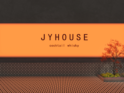  JYHOUSE鸡尾酒吧3d模型下载 卡布灯箱广告牌 网红打卡墙 现代简约几何地砖绿植装饰 