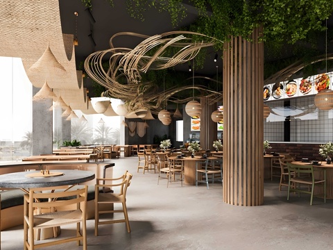  侘寂中餐厅 侘寂风火锅店 中餐厅餐桌椅 餐厅竹编吊灯 烧烤店su模型 