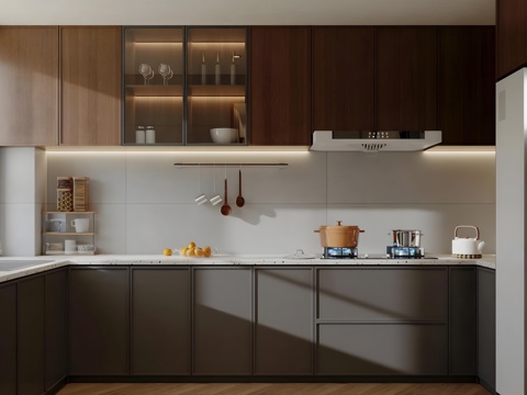  现代中古封闭式厨房 复古风封闭式厨房 u型厨房 厨房用品组合su模型 