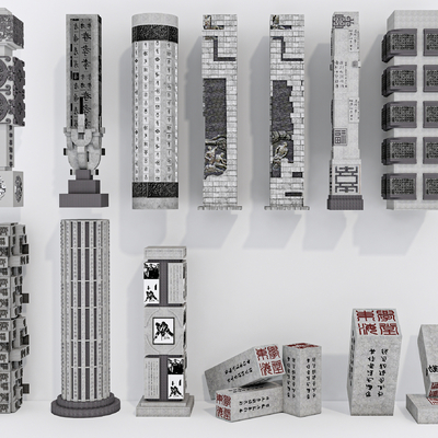  中式柱子 文化柱 浮雕柱 风水柱 历史柱su模型 