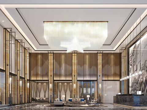  新中式酒店大堂前台接待区3d模型 