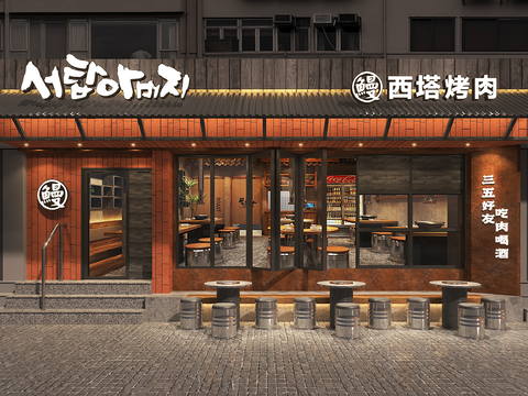  烤肉店门头 烤肉店su模型 