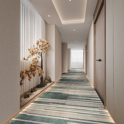  新中式酒店过道su模型 