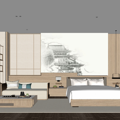  新中式酒店客房su模型 