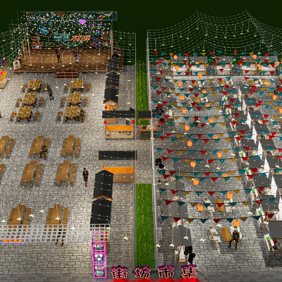  集市摊位 小吃街 小吃摊 夜市推车su模型 