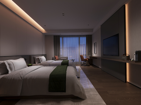  现代酒店客房 标间su模型 