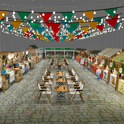  集市摊位 小吃街 小吃摊 夜市推车su模型 