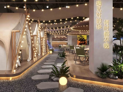  工业风酒吧 自然露营风酒馆su模型 