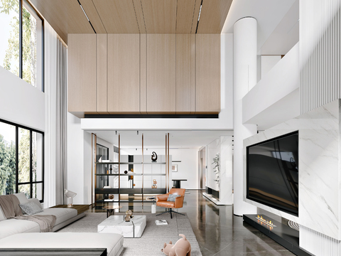  现代挑空别墅客厅3d模型 