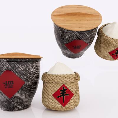 中式米缸 面缸 瓮 编制筐 陶瓷器皿 农家乐小品su模型