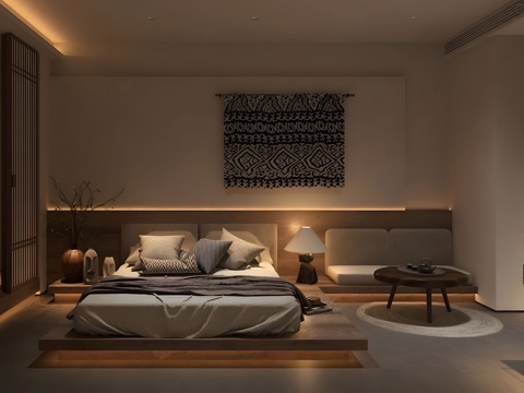  侘寂民宿客房 实木双人床 民宿酒店套房 度假酒店客房 侘寂风su模型 