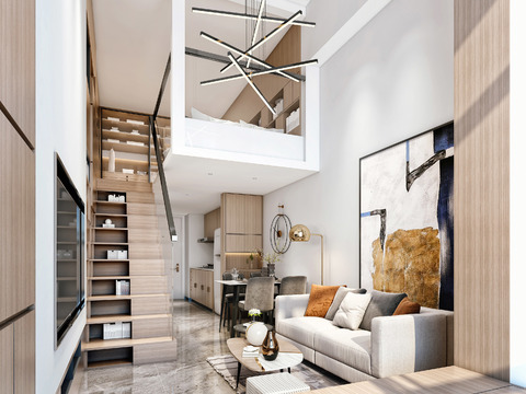  现代简约单身复式公寓3d模型 