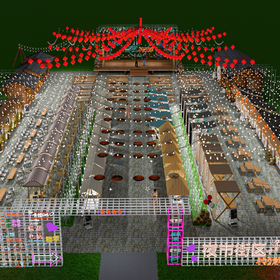  夜市摊位 小摊 美食街 霓虹灯 氛围灯su模型 