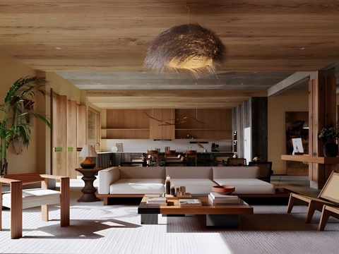  侘寂民宿大堂 沙发茶几组合 酒店大堂 接待大厅 民宿大厅su模型 