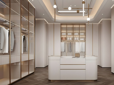  轻奢意式衣帽间 岛台衣帽间 步入式衣帽间 u型衣帽间 开放式su模型 