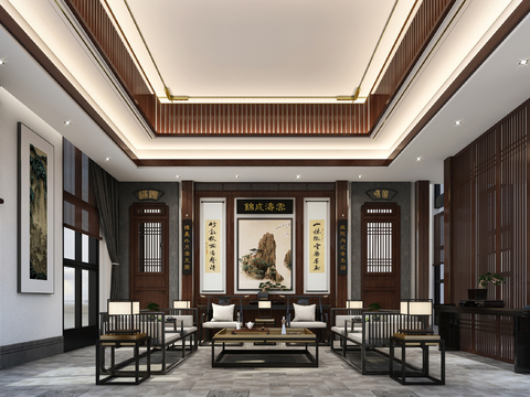  新中式会所会客厅3d模型 