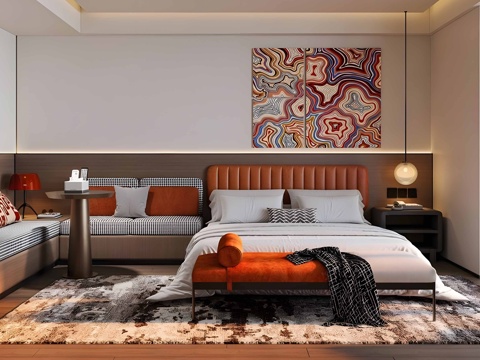  现代轻奢酒店客房 酒店大床房 酒店套房 酒店标间 布艺双人床su模型 