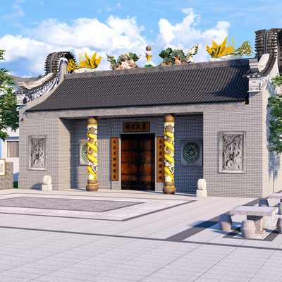  中式祠堂su模型 