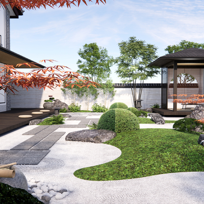  日式枯山水庭院花园su模型 