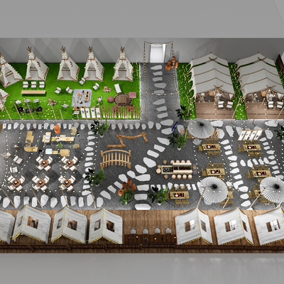  天台露营餐厅 屋顶烧烤su模型 