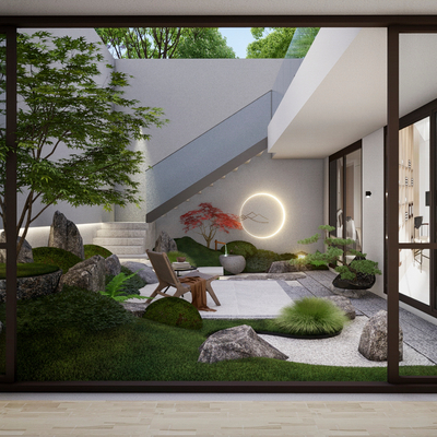  日式枯山水庭院花园su模型 