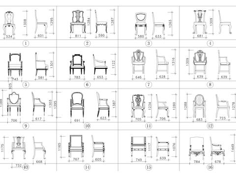  带尺寸法式风格座椅图集cad图库 