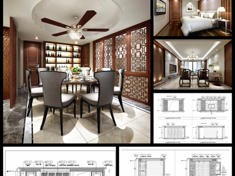  新中式家装设计 CAD施工图全套 