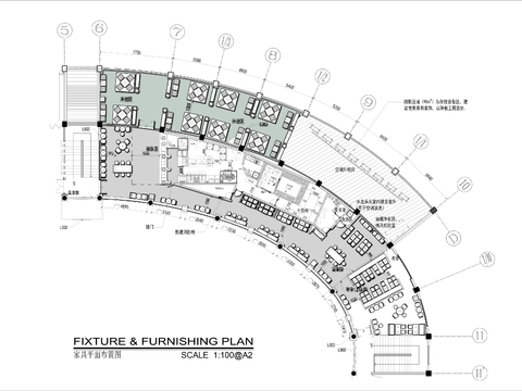  700㎡弧形西餐厅cad平面图 