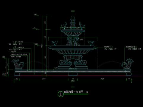  欧式花钵水景金鱼喷水水景节点大样 