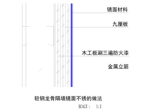  轻钢龙骨隔墙镜面节点大样图CAD施工图 