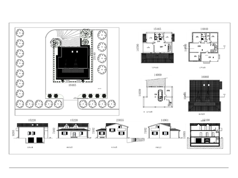  两层带车库类型独栋别墅CAD平面图 三视图 