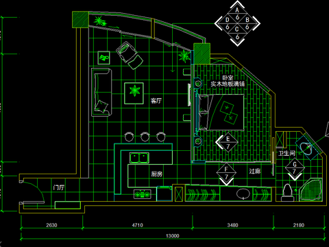  弧形一室一厅现代风格装修CAD施工图 