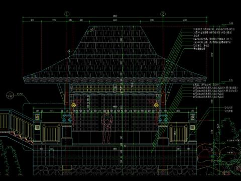  梭形顶四角木亭CAD节点大样 