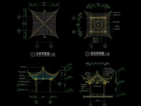  中式古建四角方亭CAD节点大样 