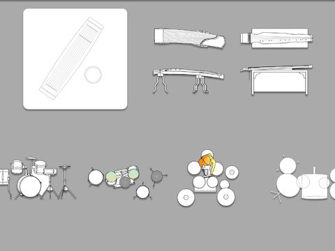  爵士鼓古筝乐器cad图库 
