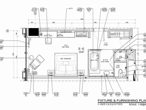  40㎡酒店标准大床房客房cad施工图 