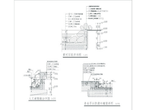  人工湖壁亲水平台防腐木铺装黄河石驳岸节点大样 