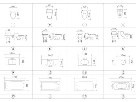  带尺寸的马桶水池花洒合集cad图库 