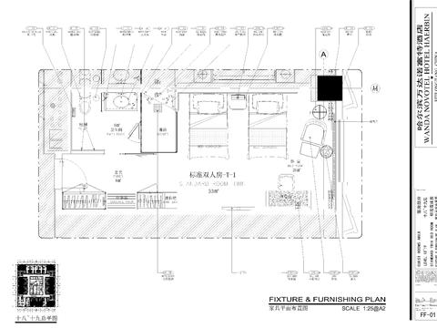  万达酒店标准双床房cad施工图 