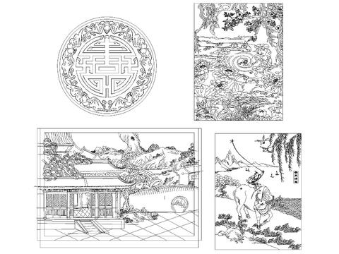  中式雕刻图案春夏秋冬cad图库 