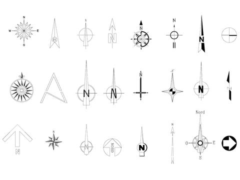  现代指北针图块cad图库 