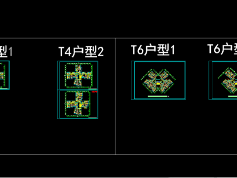  一梯四户、六户户型标准平面图cad施工图 