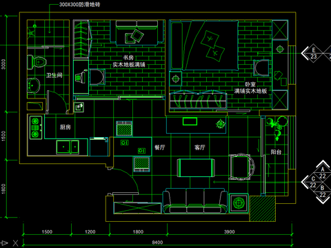  中式风格两室一厅装修CAD施工图 