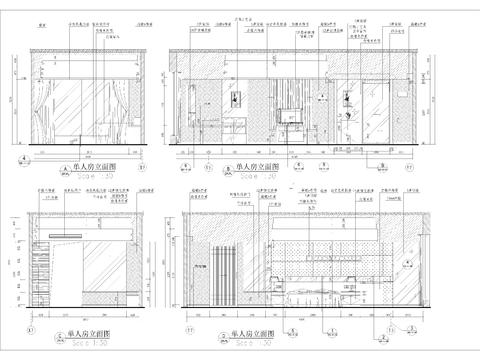  标准单人房立面详图 酒店客房cad施工图 