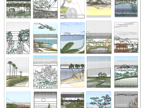  彩色山水画CAD图库 