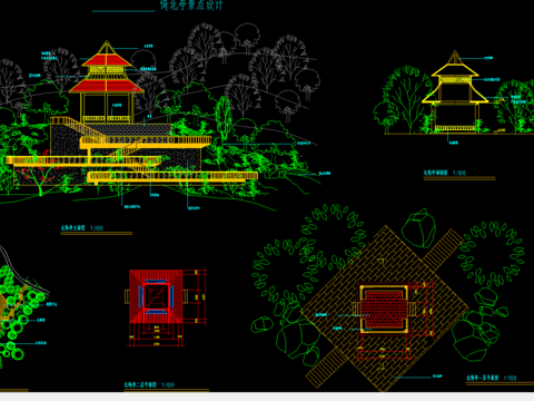  天池湖月亮島公園亭景點(diǎn)cad施工圖 