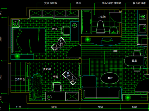  两室一厅欧式风格装修CAD施工图 