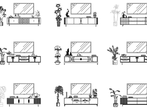  新中式现代电视柜组合cad图库 