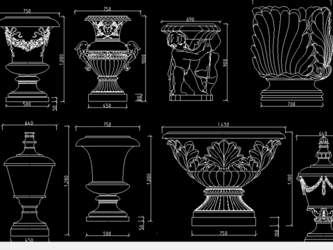  花盆cad造型喷泉及花盆造型大样图 